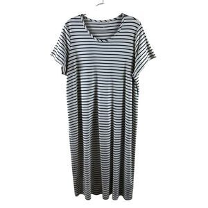 Lands' End Women Cream Navy Stripe Maxi T-Shirt Dress Short Sleeve Size 2X